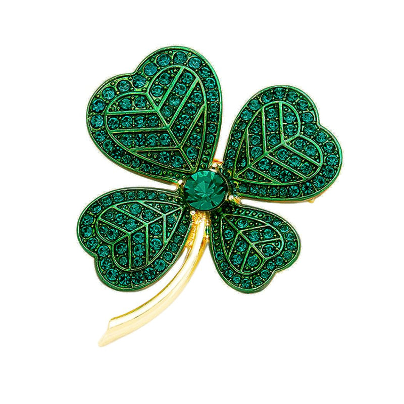 St. Patrick's Day Lucky Irish Four Leaf Clover Shamrock Pave Crystal Rhinestone Pin Brooch (Gold Tone With Pendant Loop, 2")