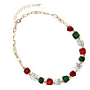 Bejeweled Chirstmas Holiday Mix Colorful Cushion Cut Crystal Red Green Clear Rhinestones Gold Tone Statement Necklace, 16"+2.5" Extender