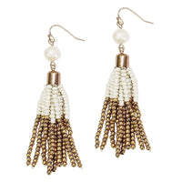 Stunning Seed Bead Tassel Dangle Earrings (Fresh Water Pearl Gold Cream Fish Hook, 3.5")