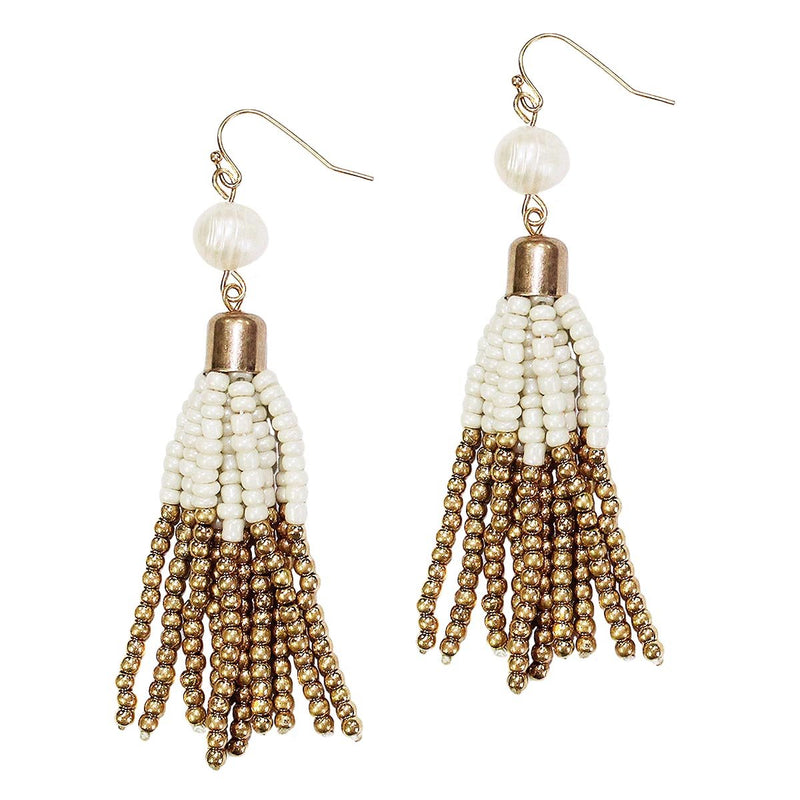 Stunning Seed Bead Tassel Dangle Earrings (Fresh Water Pearl Gold Cream Fish Hook, 3.5")