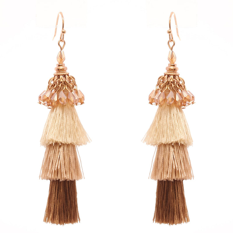 Vintage Chic Tiered Ombre Thread Tassel Long Dangle Earrings (Gold Faceted Crystal Bead, 3.25")