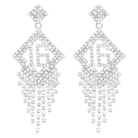 Women's Silver Tone Sparkling Sweet 16 Birthday Crystal Rhinestone With Fringe Hypoallergenic Post Back Earrings, 3.25"