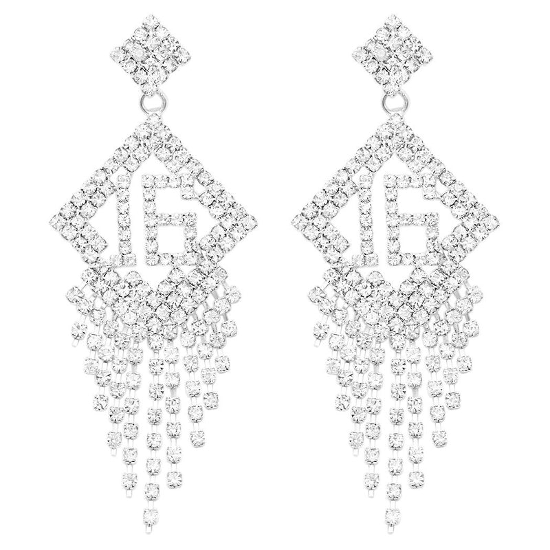 Women's Silver Tone Sparkling Sweet 16 Birthday Crystal Rhinestone With Fringe Hypoallergenic Post Back Earrings, 3.25"