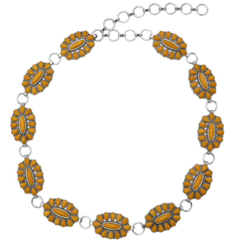 Cowgirl Chic Statement Western Linked Conchos With Natural Howlite Stones On Waist Chain Belt (Yellow Howlite Burnished Silver Tone, Large-XLarge, 34.5" +10.5" Extender)