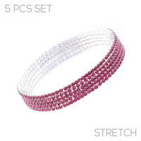 Set of 5 Rhinestone Stretch Bracelets (Light Rose Pink Silver Tone)