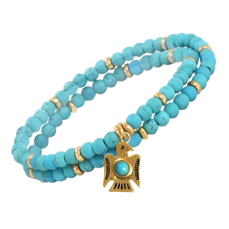 Western Style Aztec Thunderbird 4mm Turquoise Howlite Bead Stretch Bracelet (Gold Tone)