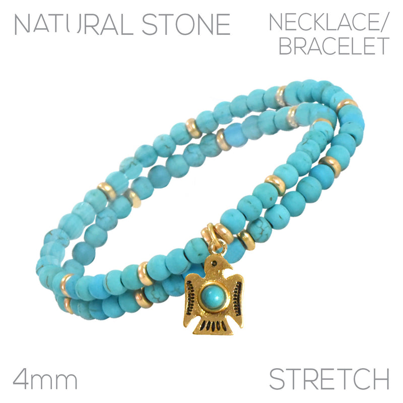 Western Style Aztec Thunderbird 4mm Turquoise Howlite Bead Stretch Bracelet (Gold Tone)