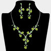 Elegant Crystal Rhinestone And Metal Relief Rose Statement Necklace Earrings Set 14.5"+4" Extender (Light Green)