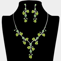 Elegant Crystal Rhinestone And Metal Relief Rose Statement Necklace Earrings Set 14.5"+4" Extender (Light Green)