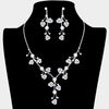 Elegant Crystal Rhinestone and Metal Relief Rose Statement Necklace Earrings Jewelry Set, 14.5" - 18.5" with 4" Extender (Light Grey)