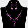 Rosemarie Collections Women's Elegant Crystal Rhinestone And Metal Relief Rose Statement Necklace Earrings Set, 14.5"+4" Extender (Purple)