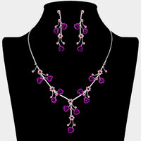 Rosemarie Collections Women's Elegant Crystal Rhinestone And Metal Relief Rose Statement Necklace Earrings Set, 14.5"+4" Extender (Purple)