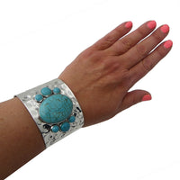 Cowgirl Glam Western Semi Precious Turquoise Howlite Stone Hammered Silver Tone Open Cuff Statement Bracelet, 8"