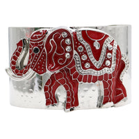 Women's Majestic Red Enamel Coated Crystal Accented Lucky Elephant Extra Wide Open Cuff Polished Silver Tone Bangle Bracelet, 7.5"