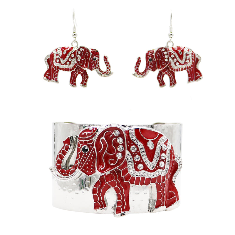 Women's Majestic Red Enamel Coated Crystal Accented Lucky Elephant Extra Wide Open Cuff Polished Silver Tone Bangle Bracelet, 7.5"