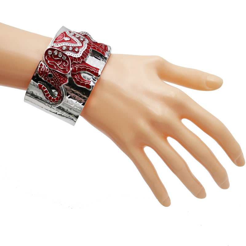 Women's Majestic Red Enamel Coated Crystal Accented Lucky Elephant Extra Wide Open Cuff Polished Silver Tone Bangle Bracelet, 7.5"