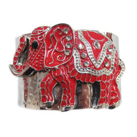 Majestic Red Enamel Coated Crystal Accented Lucky Elephant Extra Wide Open Cuff Polished Silver Tone Bangle Bracelet, 7.5"