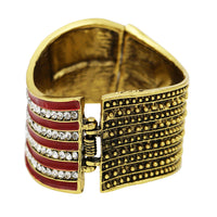 Sleek Patriotic Red White And Blue USA Flag July 4th Hinged Cuff Bangle Bracelet, 7" (Burnished Gold Tone)