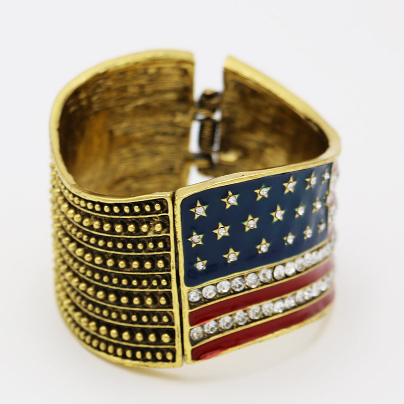 Sleek Patriotic Red White And Blue USA Flag July 4th Hinged Cuff Bangle Bracelet, 7" (Burnished Gold Tone)