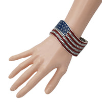 Sleek Patriotic Red White And Blue USA Flag July 4th Hinged Cuff Bangle Bracelet, 7" (Burnished Silver Tone)