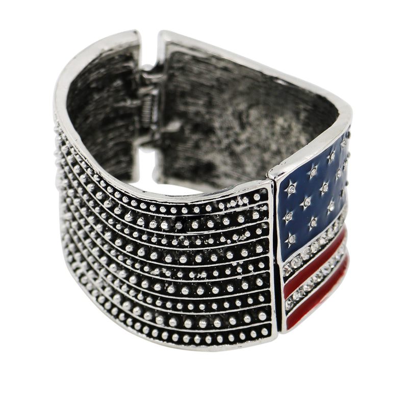 Sleek Patriotic Red White And Blue USA Flag July 4th Hinged Cuff Bangle Bracelet, 7" (Burnished Silver Tone)