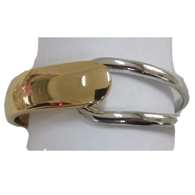 Chic And Stunning Polished Two Tone Metal Stackable Hinged Cuff Designer Bangle Bracelet, 7"