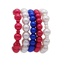 Stacking Set of 5 Statement Stretch Beaded Simulated Pearl Bracelet, 6.75" (Solid Strip Red White Blue USA)