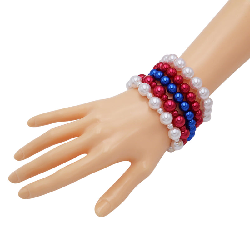 Stacking Set of 5 Statement Stretch Beaded Simulated Pearl Bracelet, 6.75" (Solid Strip Red White Blue USA)