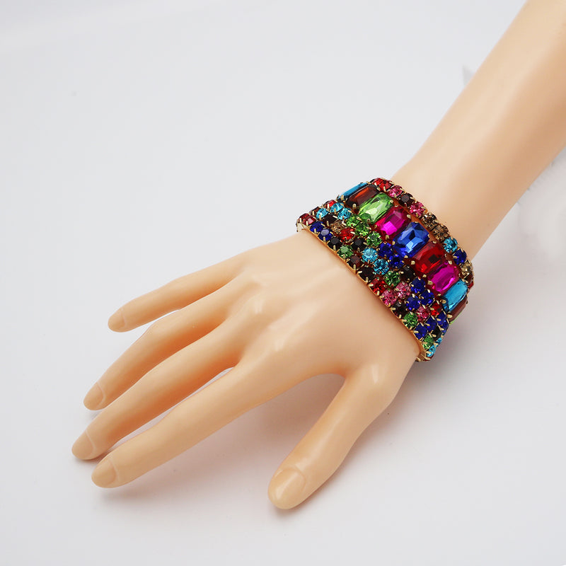 Stunning Statement Bejeweled Set Of 5 Colorful Crystal Rhinestone Stretch Bracelets, 6.75" (Multicolored Crystal Gold Tone)