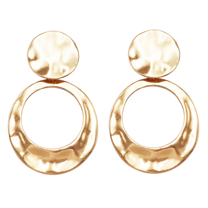 Statement Matte Hammered Metal Disc Hoop Dangle Clip on Style Earrings, 2.75" (Polished Gold Tone)