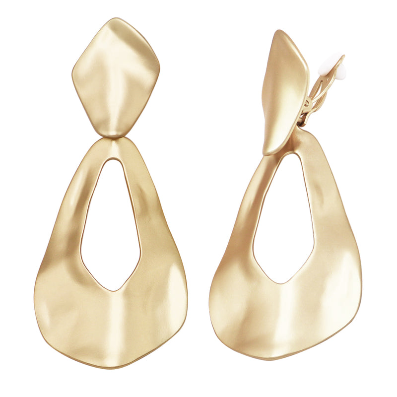 Women's Chic Textured Metal Teardrop Shaped Hoops Statement Clip On Earrings, 3.25" (Polished Gold Tone)