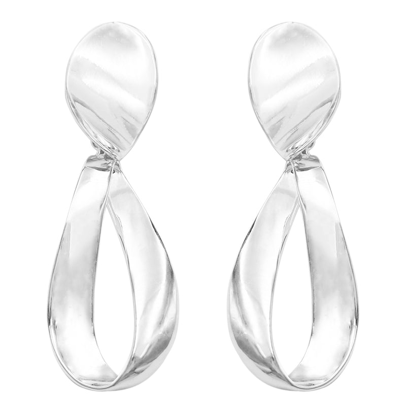 Women's Statement Polished Silver Tone Metal Teardrop Twist Hoop Dangle Clip on Style Earrings, 3.25"