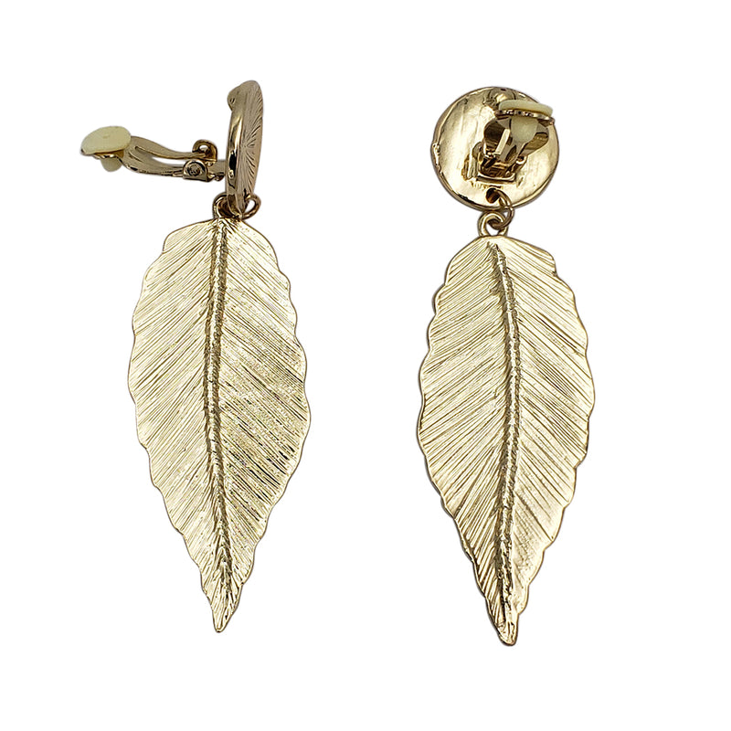 Women's Chic Polished And Textured Metal Feather Dangle Clip On Style Earrings, 3.5" (Polished Gold Tone)