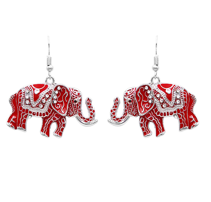 Majestic Enamel Coated Crystal Accented Lucky Elephant Statement Necklace Earrings Set, 12"-14" with 2" Extension (Red Enamel on Silver Tone)