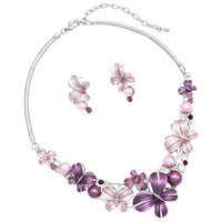 Women's Stunning Crystal Accented Enamel Textured Metal Butterfly Necklace Earrings Set, 14"+3" Extender (Purple With Pearl Snake Chain)