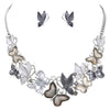 Women's Beautiful Glitter Resin And Enamel Butterflies With Crystal Rhinestone Accents Collar Necklace Earrings Gift Set, 13"+3" Extender (Silver Black Neutrals)