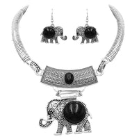 Lucky Elephant Circular Natural Howlite Statement Necklace Earrings Set, 10"+3" Extension (Black Silver Tone)