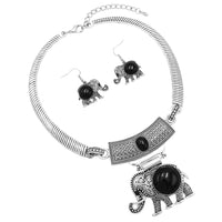 Lucky Elephant Circular Natural Howlite Statement Necklace Earrings Set, 10"+3" Extension (Black Silver Tone)