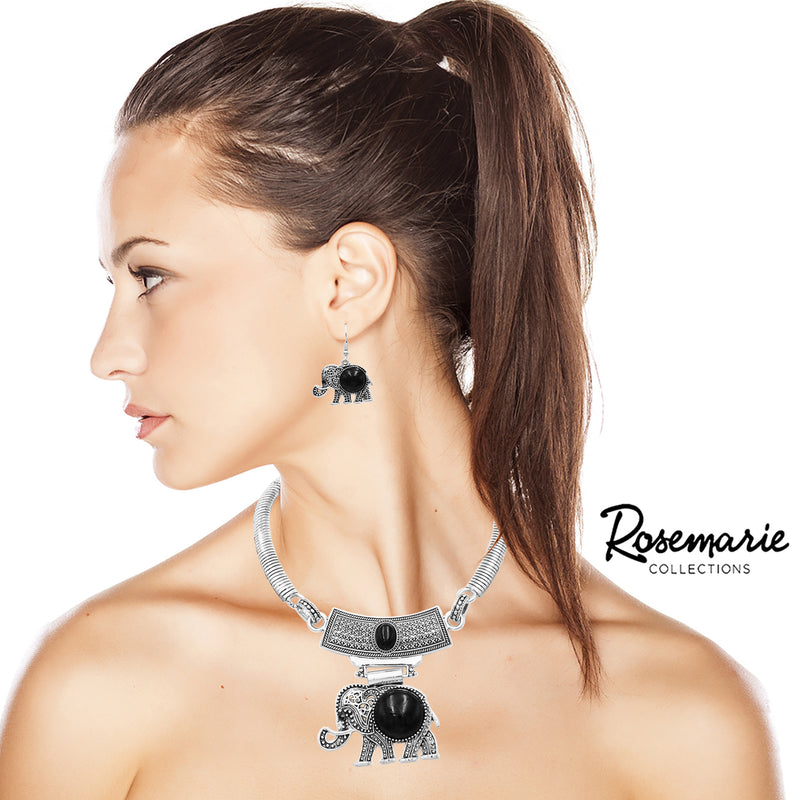 Lucky Elephant Circular Natural Howlite Statement Necklace Earrings Set, 10"+3" Extension (Black Silver Tone)