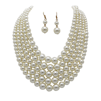 Multi Strand Simulated Pearl Bib Necklace and Earrings Jewelry Set, 16"-19" with 3" Extender (Cream)