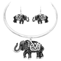 Majestic Enamel Coated Crystal Accented Lucky Elephant Statement Necklace Earrings Set, 12"-14" with 2" Extension (Black Enamel on Silver Tone)