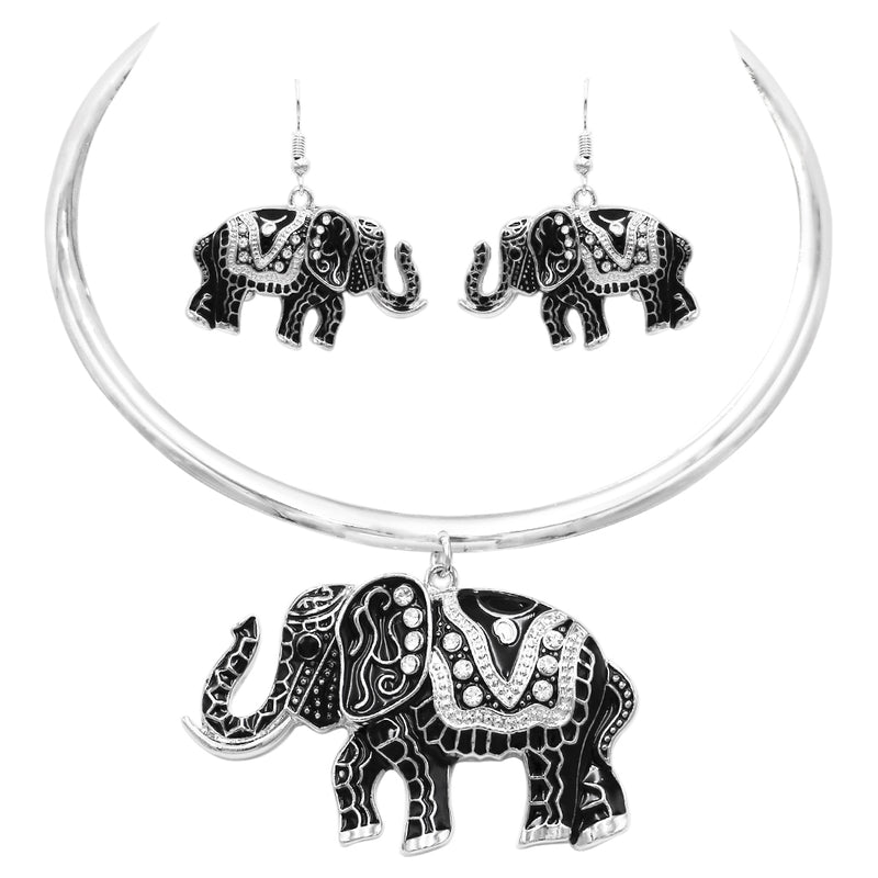 Majestic Enamel Coated Crystal Accented Lucky Elephant Statement Necklace Earrings Set, 12"-14" with 2" Extension (Black Enamel on Silver Tone)