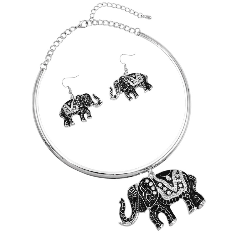 Majestic Enamel Coated Crystal Accented Lucky Elephant Statement Necklace Earrings Set, 12"-14" with 2" Extension (Black Enamel on Silver Tone)