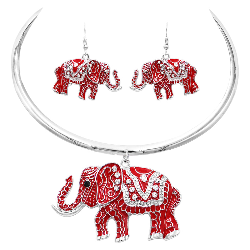 Majestic Enamel Coated Crystal Accented Lucky Elephant Statement Necklace Earrings Set, 12"-14" with 2" Extension (Red Enamel on Silver Tone)