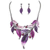 UnbeLeafable Vine and Leaves Crystal Statement Necklace Earrings Set, 14"+3 Extender (Shades Of Purple Leaves Hematite Tone)