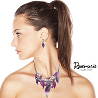 UnbeLeafable Vine and Leaves Crystal Statement Necklace Earrings Set, 14"+3 Extender (Shades Of Purple Leaves Hematite Tone)