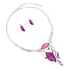 Colorful Resin Leaf And Crystal Design Statement Bib Necklace Earrings Set, 14"+3" Extender (Silver Tone Purple)