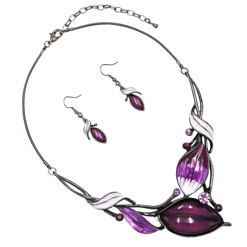 Unbe"leaf"able Statement Enamel Crystal Resin 3D Leaf Necklace Earrings Set, 14"+3" Extender (Purple Leaves Hematite Tone)