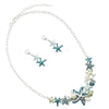 Stunning Enamel Starfish And Shells With Simulated Pearl Collar Necklace Earrings Gift Set, 16"+3" Extender (Teal Blue Silver Tone)