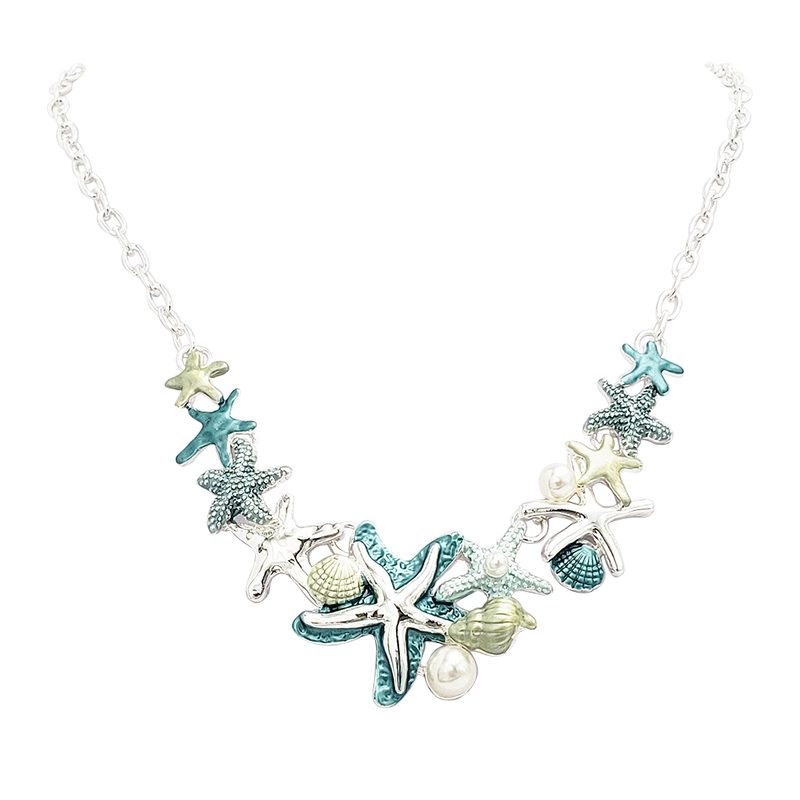 Stunning Enamel Starfish And Shells With Simulated Pearl Collar Necklace Earrings Gift Set, 16"+3" Extender (Teal Blue Silver Tone)